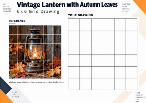 Vintage Lantern with Autumn Leaves Grid Drawing Worksheet | KS3 Art