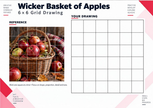 Wicker Basket of Apples Grid Drawing Worksheet | Autumn KS3 Art