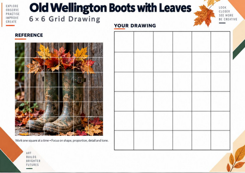 Old Wellington Boots with Autumn Leaves Grid Drawing | KS3 Art Worksheet