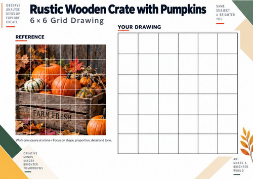 Rustic Wooden Crate with Pumpkins Grid Drawing Worksheet | Autumn Art