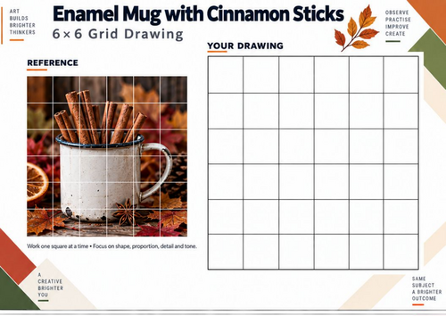 Enamel Mug with Cinnamon Sticks Grid Drawing Worksheet | KS3 Autumn Art