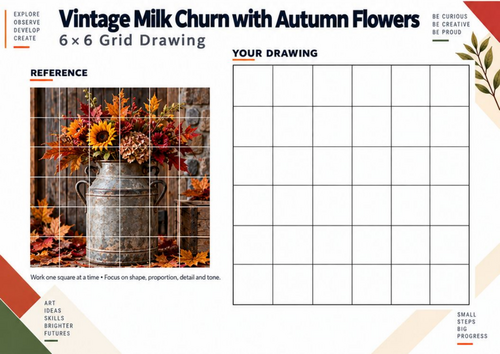 Vintage Milk Churn with Autumn Flowers Grid Drawing | KS3 Art Worksheet