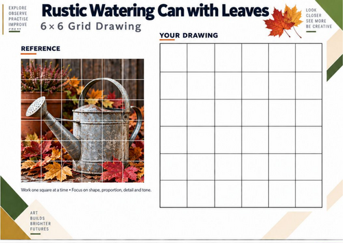 Rustic Watering Can with Autumn Leaves Grid Drawing Worksheet | KS3 Art