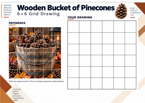 Wooden Bucket of Pinecones Grid Drawing Worksheet | Autumn KS3 Art