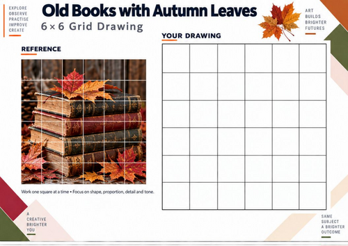 Old Books with Autumn Leaves Grid Drawing Worksheet | KS3 Art