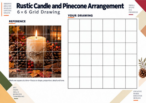 Rustic Candle & Pinecone Grid Drawing Worksheet | Autumn KS3 Art