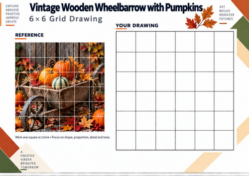Vintage Wheelbarrow with Pumpkins Grid Drawing Worksheet | KS3 Autumn Art