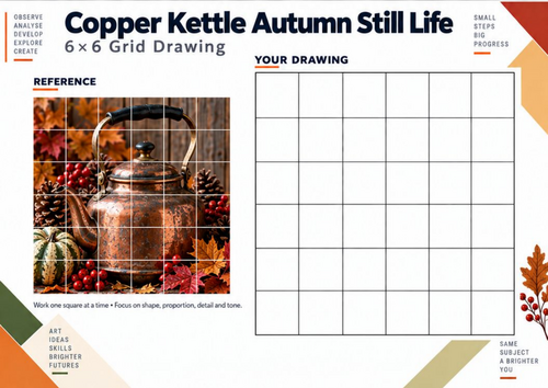 Copper Kettle Autumn Still Life Grid Drawing Worksheet | KS3 Art