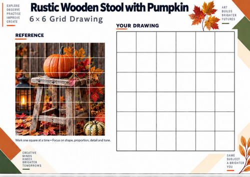 Rustic Wooden Stool with Pumpkin Grid Drawing Worksheet | Autumn Art