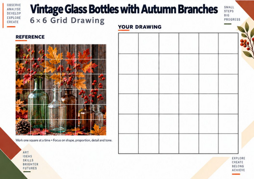 Vintage Glass Bottles with Autumn Branches Grid Drawing | KS3 Art