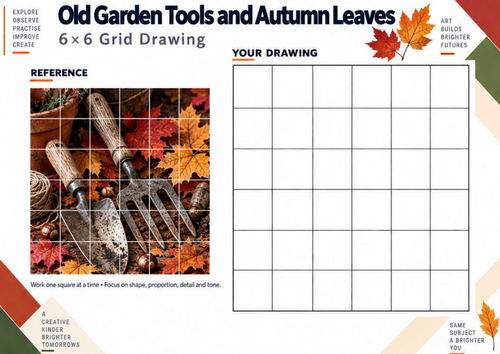Old Garden Tools & Autumn Leaves Grid Drawing Worksheet | KS3 Art