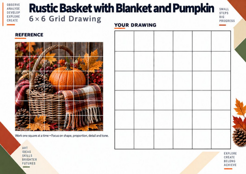 Rustic Basket, Blanket & Pumpkin Grid Drawing Worksheet | Autumn KS3 Art