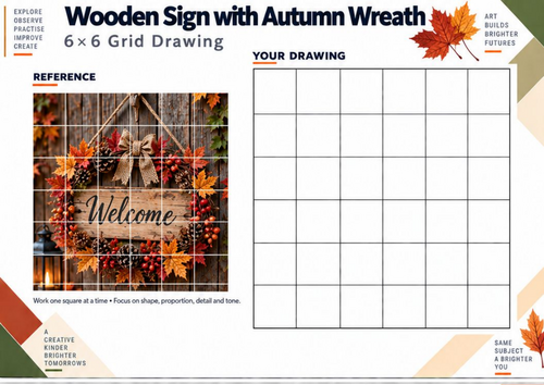 Wooden Sign with Autumn Wreath Grid Drawing Worksheet | KS3 Art