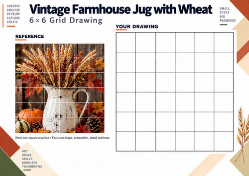 Vintage Farmhouse Jug with Wheat Grid Drawing Worksheet | Autumn KS3 Art