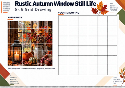 Rustic Autumn Window Still Life Grid Drawing Worksheet | KS3 Art