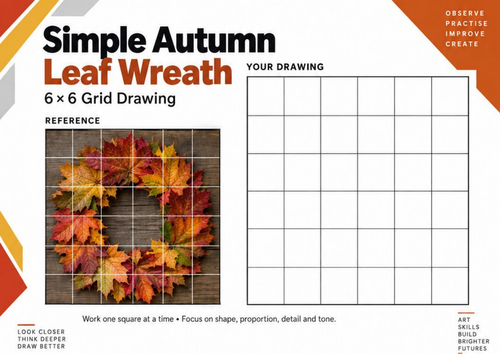 Simple Autumn Leaf Wreath Grid Drawing Worksheet | Autumn Art Activity