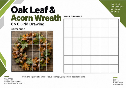Oak Leaf & Acorn Wreath Grid Drawing Worksheet | Autumn Art Activity