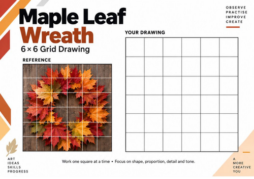 Maple Leaf Wreath Grid Drawing Worksheet | Autumn Seasonal Art