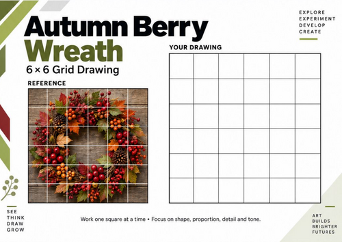 Autumn Berry Wreath Grid Drawing Worksheet | Seasonal Art Activity