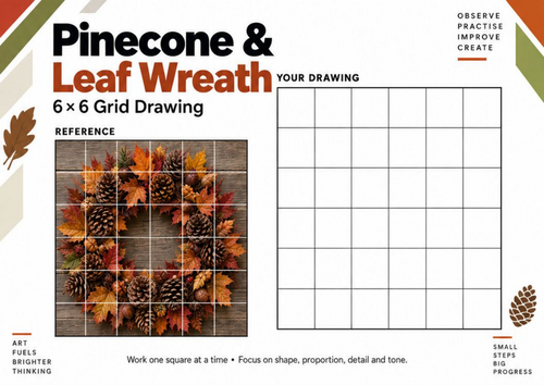 Pinecone & Leaf Wreath Grid Drawing Worksheet | Autumn Art