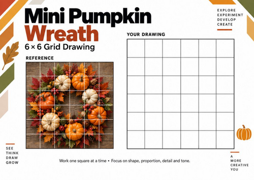 Mini Pumpkin Wreath Grid Drawing Worksheet | Autumn & Harvest Art