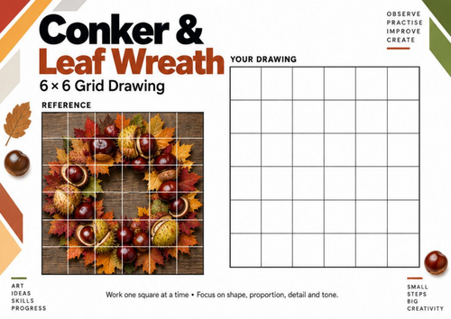 Conker & Leaf Wreath Grid Drawing Worksheet | Autumn Art Activity