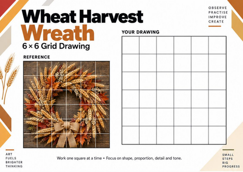 Wheat Harvest Wreath Grid Drawing Worksheet | Harvest Art Activity