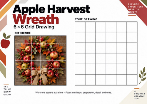 Apple Harvest Wreath Grid Drawing Worksheet | Autumn Art Activity
