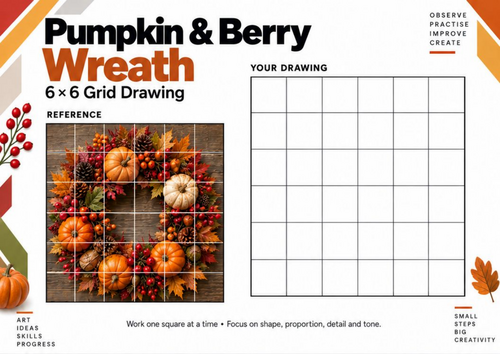 Pumpkin & Berry Wreath Grid Drawing Worksheet | Autumn Art