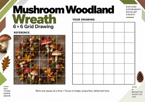 Mushroom Woodland Wreath Grid Drawing Worksheet | Autumn Art Activity
