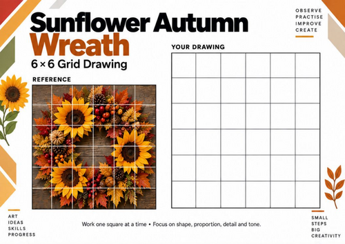 Sunflower Autumn Wreath Grid Drawing Worksheet | Seasonal Art