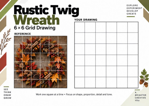 Rustic Twig Wreath Grid Drawing Worksheet | Autumn Nature Art