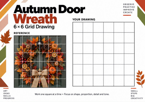 Autumn Door Wreath Grid Drawing Worksheet | Seasonal Art Activity