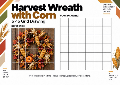 Harvest Wreath with Corn Grid Drawing Worksheet | Autumn Art