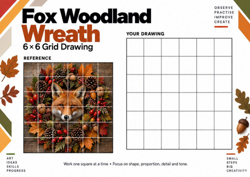 Fox Woodland Wreath Grid Drawing Worksheet | Autumn Animal Art