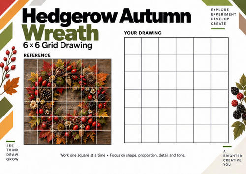 Hedgerow Autumn Wreath Grid Drawing Worksheet | Nature Art Activity