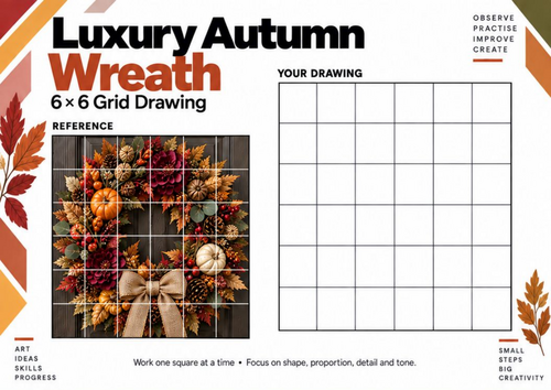 Luxury Autumn Wreath Grid Drawing Worksheet | Detailed Autumn Art