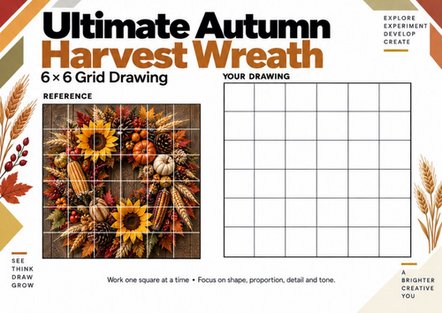 Ultimate Autumn Harvest Wreath Grid Drawing Worksheet | KS3 KS4 Art