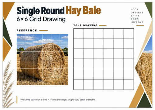 Single Round Hay Bale Grid Drawing Worksheet | Farm & Countryside Art