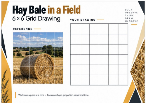 Hay Bale in a Field Grid Drawing Worksheet | Countryside Art