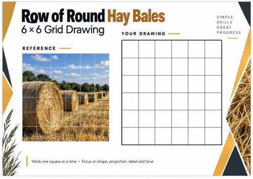 Row of Round Hay Bales Grid Drawing Worksheet | Farm Landscape Art