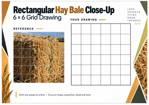 Rectangular Hay Bale Close-Up Grid Drawing Worksheet | Texture Art