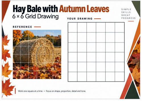 Hay Bale with Autumn Leaves Grid Drawing Worksheet | Autumn Art