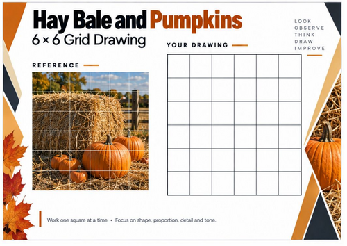 Hay Bale and Pumpkins Grid Drawing Worksheet | Autumn Harvest Art