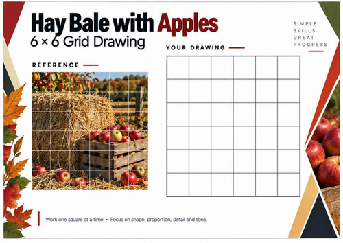 Hay Bale with Apples Grid Drawing Worksheet | Autumn Harvest Art
