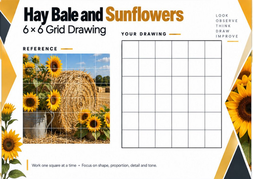 Hay Bale and Sunflowers Grid Drawing Worksheet | Harvest Art