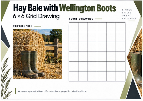 Hay Bale with Wellington Boots Grid Drawing Worksheet | Countryside Art