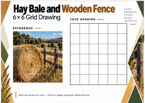 Hay Bale and Wooden Fence Grid Drawing Worksheet | Farm Art