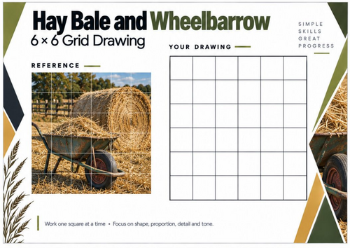 Hay Bale and Wheelbarrow Grid Drawing Worksheet | Farm Still Life Art