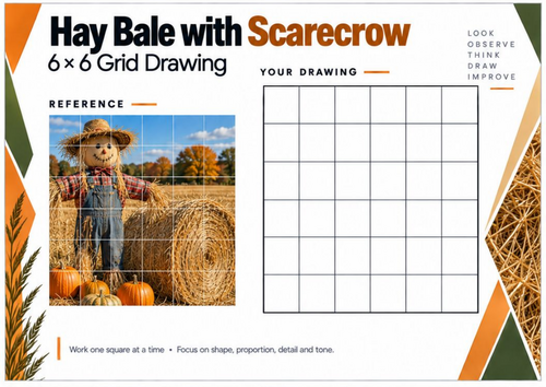 Hay Bale with Scarecrow Grid Drawing Worksheet | Autumn Harvest Art